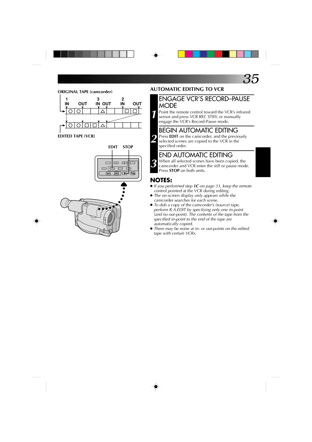 JVC GR-AX727, GR-AX527, GR-AX627, GR-AX827 Engage VCR’S RECORD-PAUSE Mode, Begin Automatic Editing, END Automatic Editing 