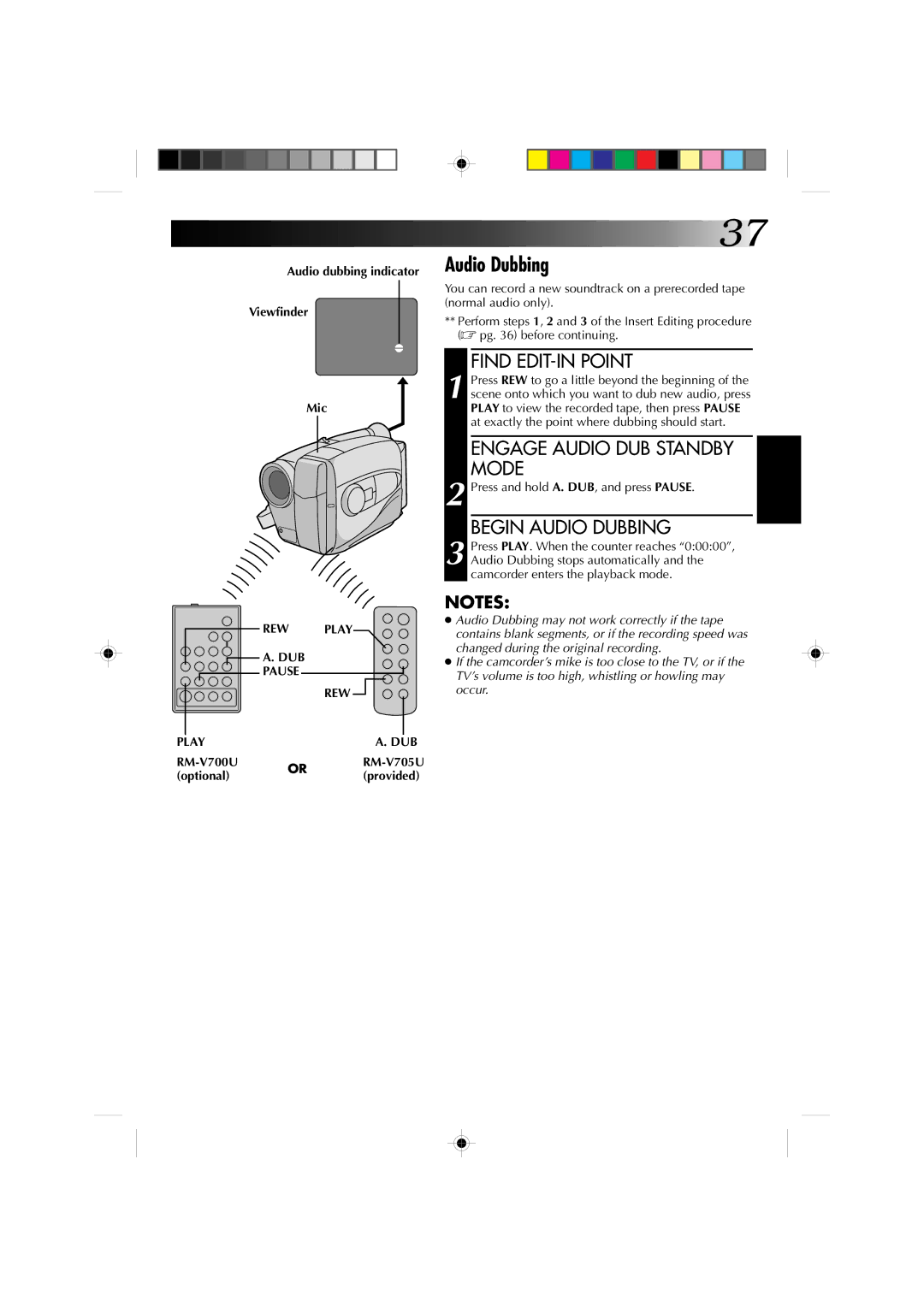 JVC GR-AX627, GR-AX527 manual Find EDIT-IN Point, Engage Audio DUB Standby Mode, Begin Audio Dubbing, REW Play DUB Pause 