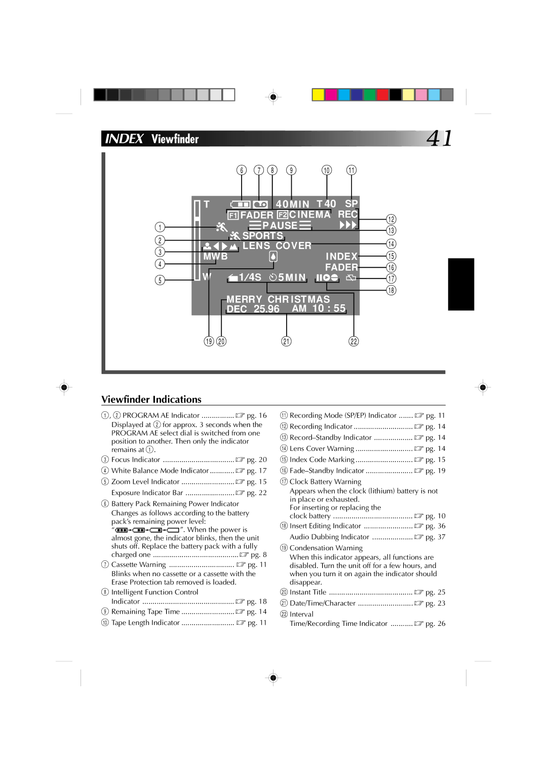 JVC GR-AX627, GR-AX527, GR-AX827, GR-AX727 manual Index Viewfinder, Recording Mode SP/EP Indicator 