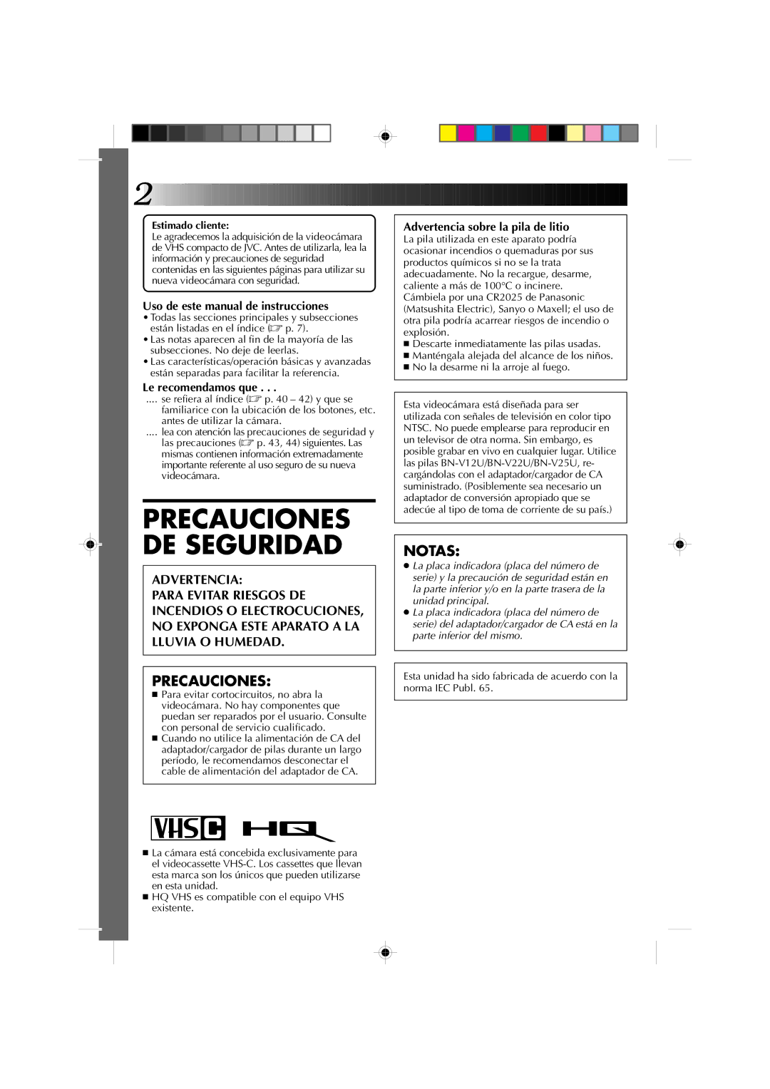 JVC GR-AX827, GR-AX527 Precauciones, Notas, Uso de este manual de instrucciones, Advertencia sobre la pila de litio 