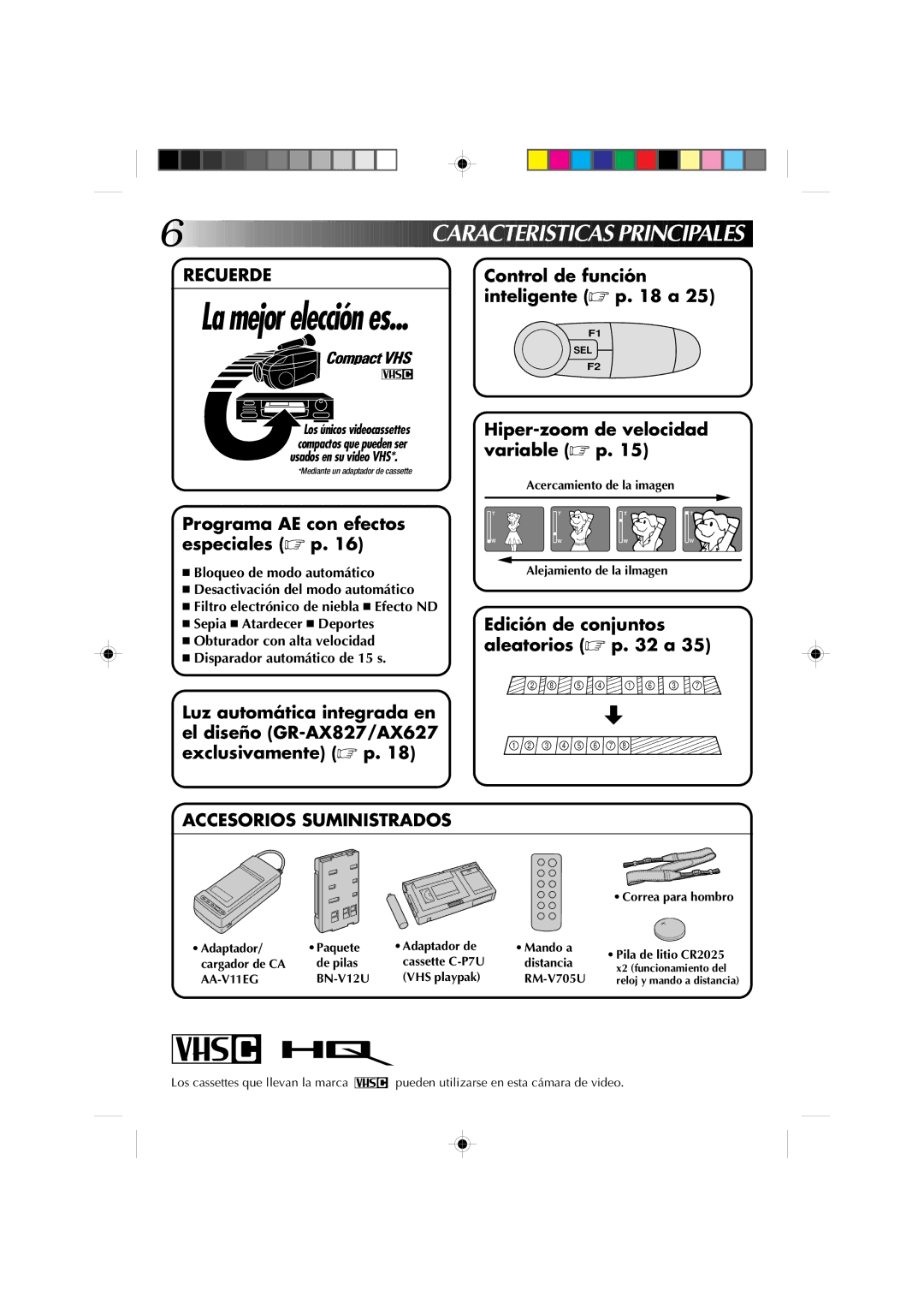 JVC GR-AX827 Recuerde, Accesorios Suministrados, Acercamiento de la imagen Alejamiento de la ilmagen, AA-V11EG BN-V12U 