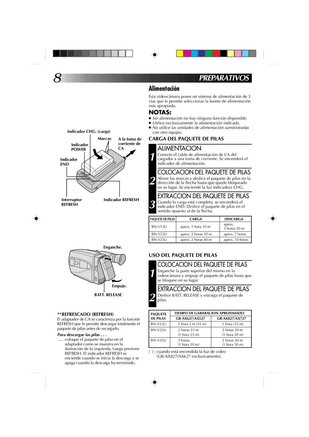 JVC GR-AX527, GR-AX627 manual Alimentación, Alimentacion, Colocacion DEL Paquete DE Pilas, Extraccion DEL Paquete DE Pilas 