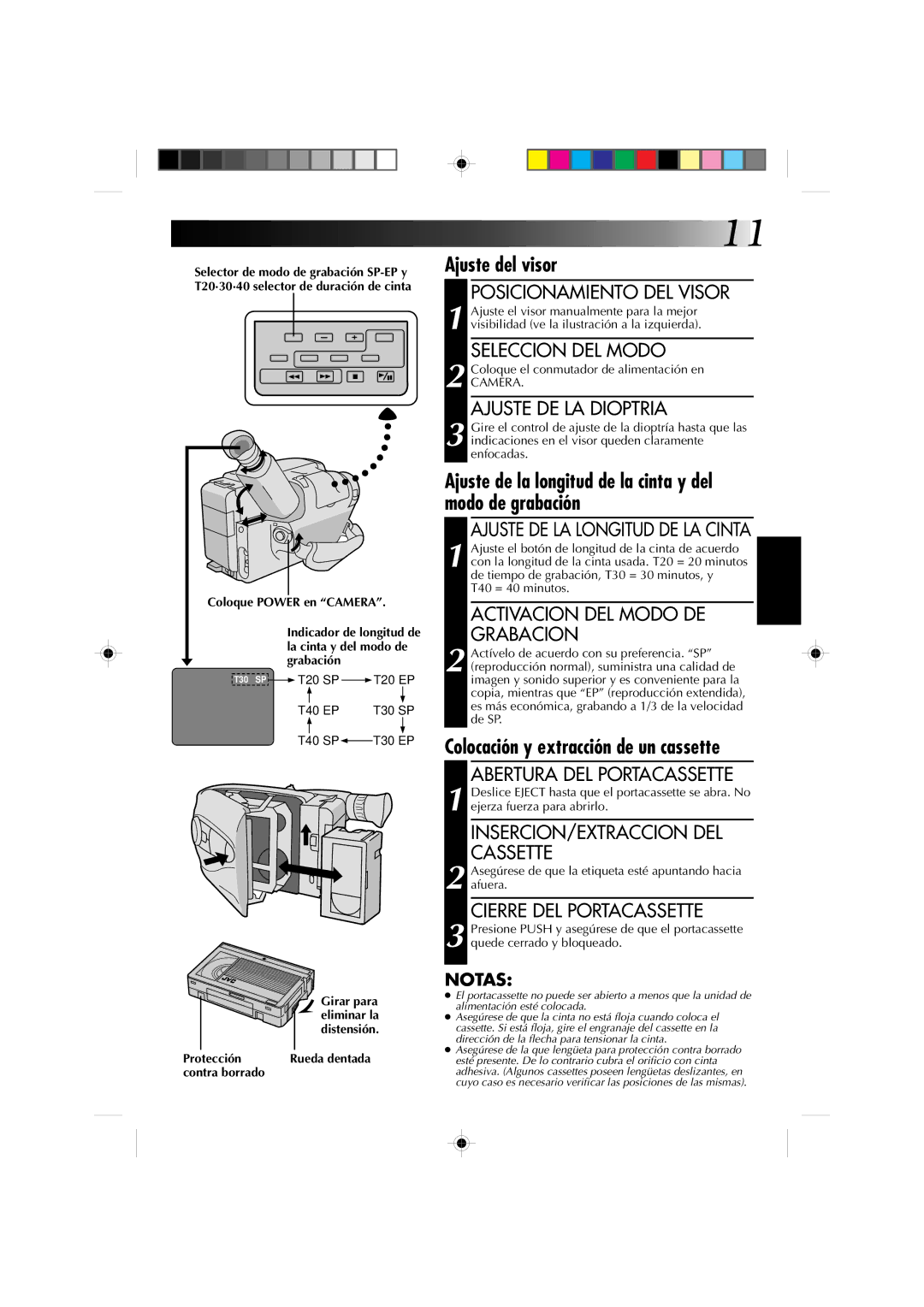 JVC GR-AX727, GR-AX527, GR-AX627, GR-AX827 manual Ajuste del visor, Colocación y extracción de un cassette 