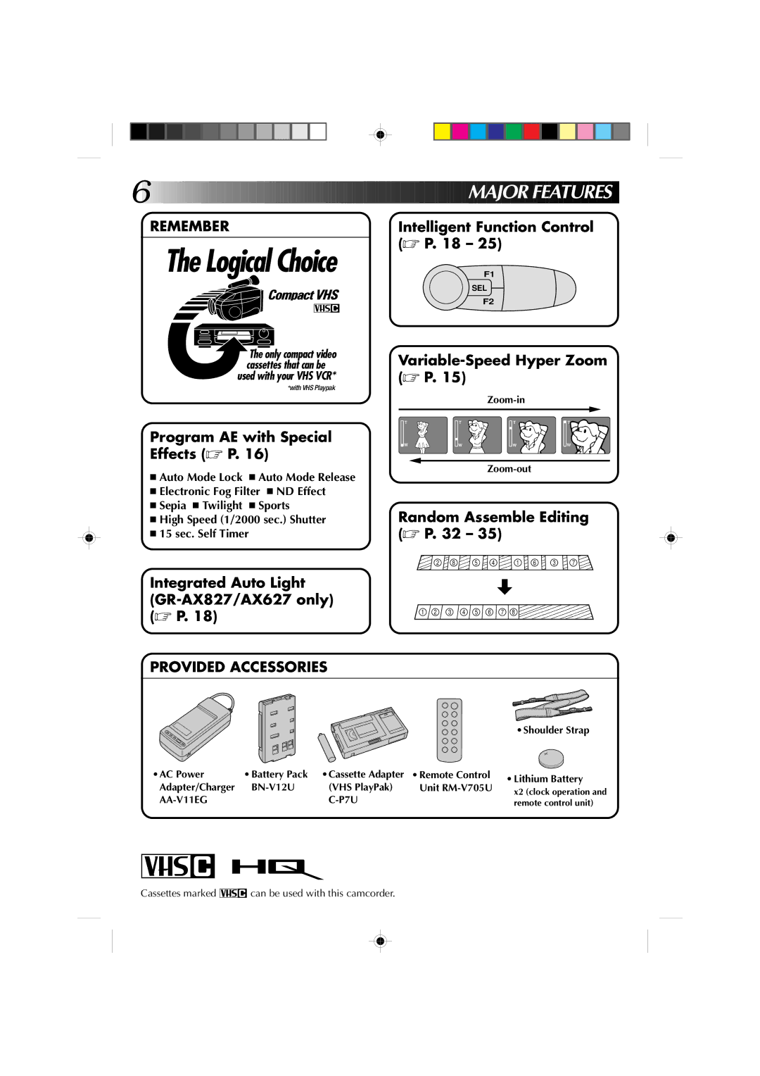 JVC GR-AX827, GR-AX527, GR-AX627, GR-AX727 manual Ajor Features, Remember, Provided Accessories, AA-V11EG 