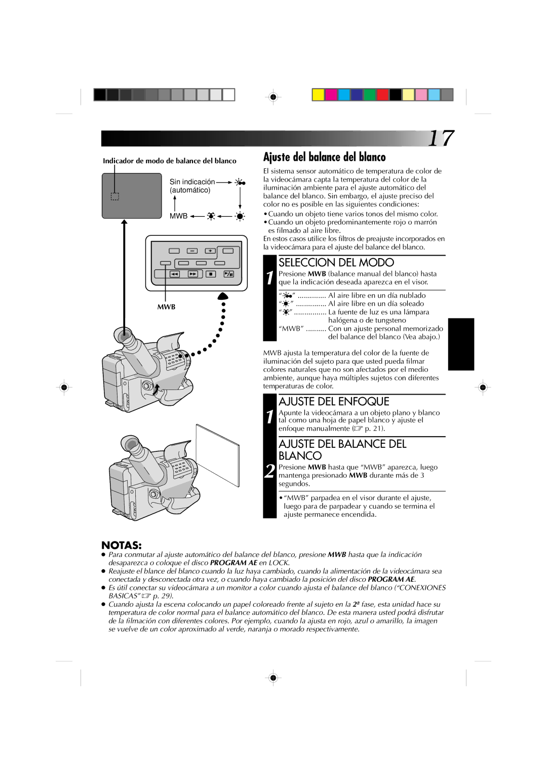 JVC GR-AX627, GR-AX527, GR-AX827, GR-AX727 Ajuste del balance del blanco, Ajuste DEL Enfoque, Ajuste DEL Balance DEL Blanco 