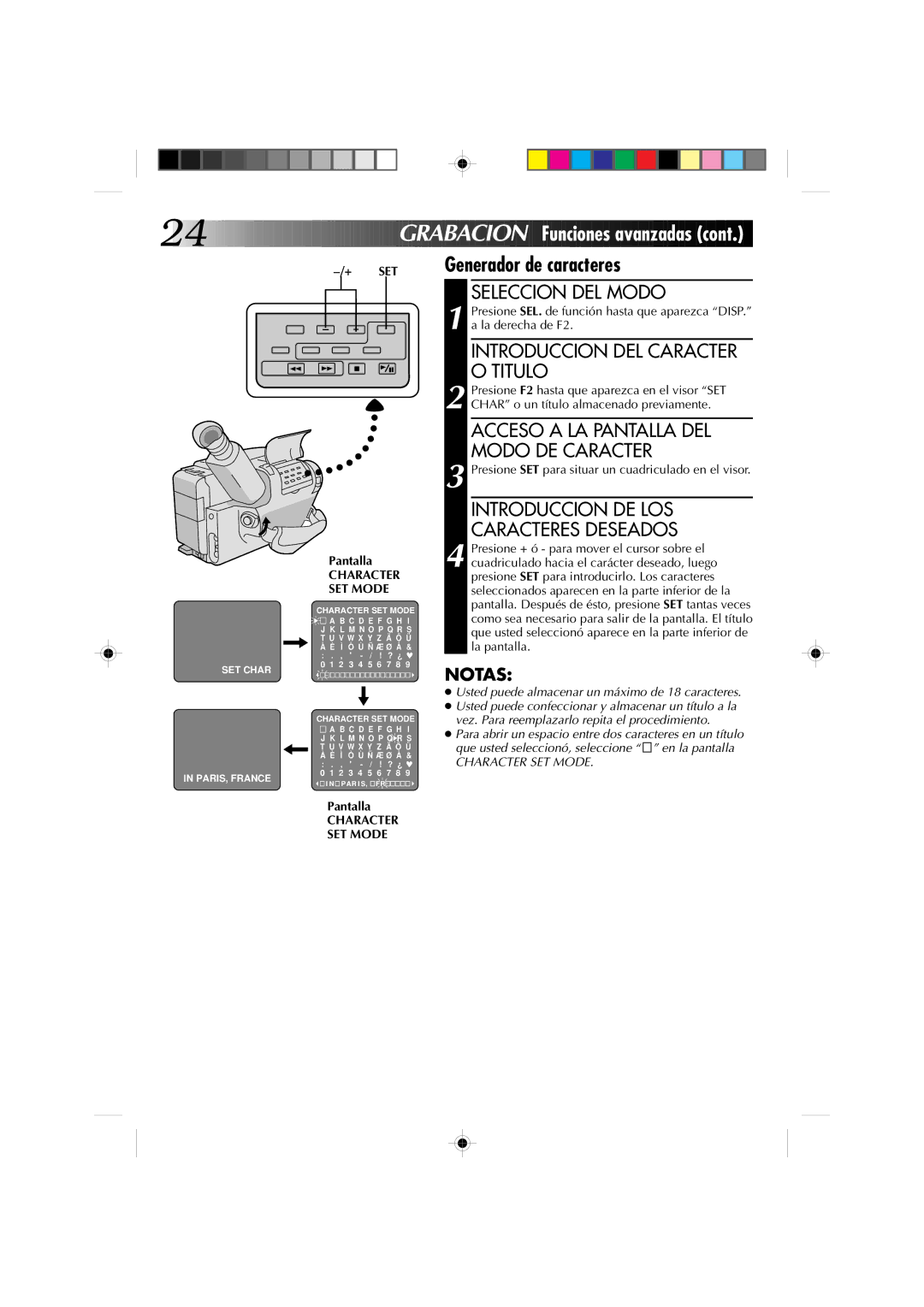 JVC GR-AX527 manual Generador de caracteres, Introduccion DEL Caracter O Titulo, Acceso a LA Pantalla DEL Modo DE Caracter 