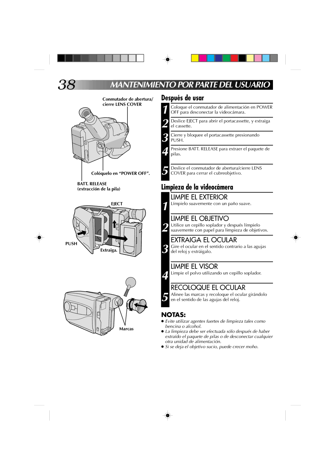 JVC GR-AX827, GR-AX527, GR-AX627 manual MAN Tenimiento P O R Parte DEL Usuario, Después de usar, Limpieza de la videocámera 