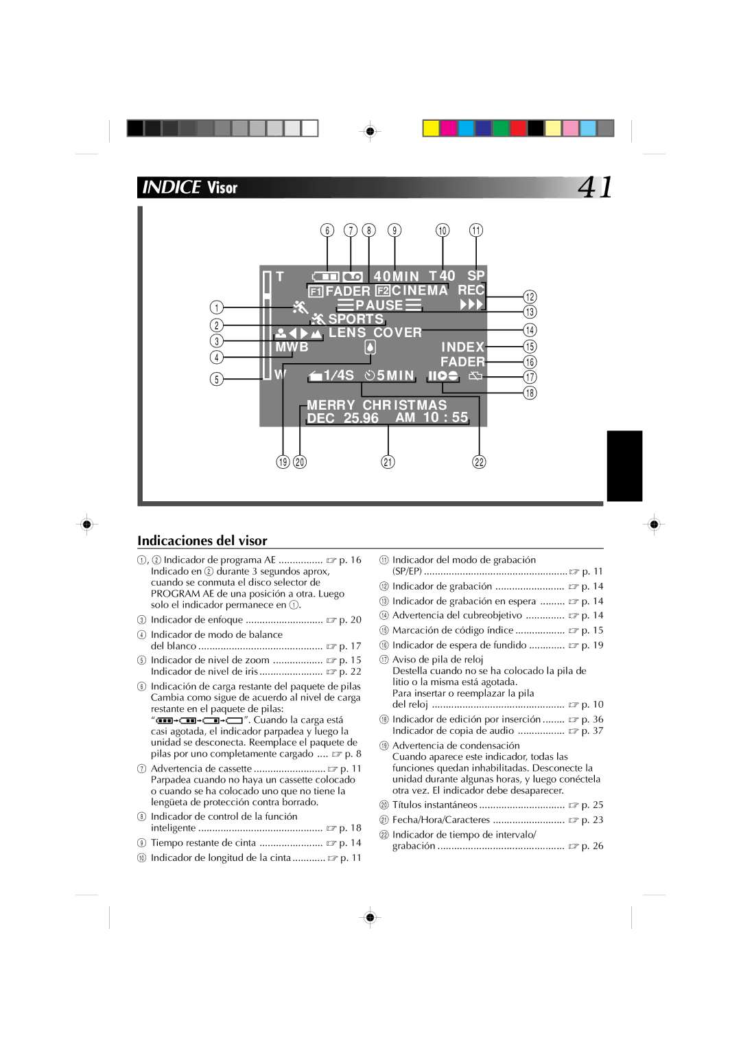 JVC GR-AX627 manual Indice Visor, Program AE de una posición a otra. Luego, Indicador de control de la función Inteligente 