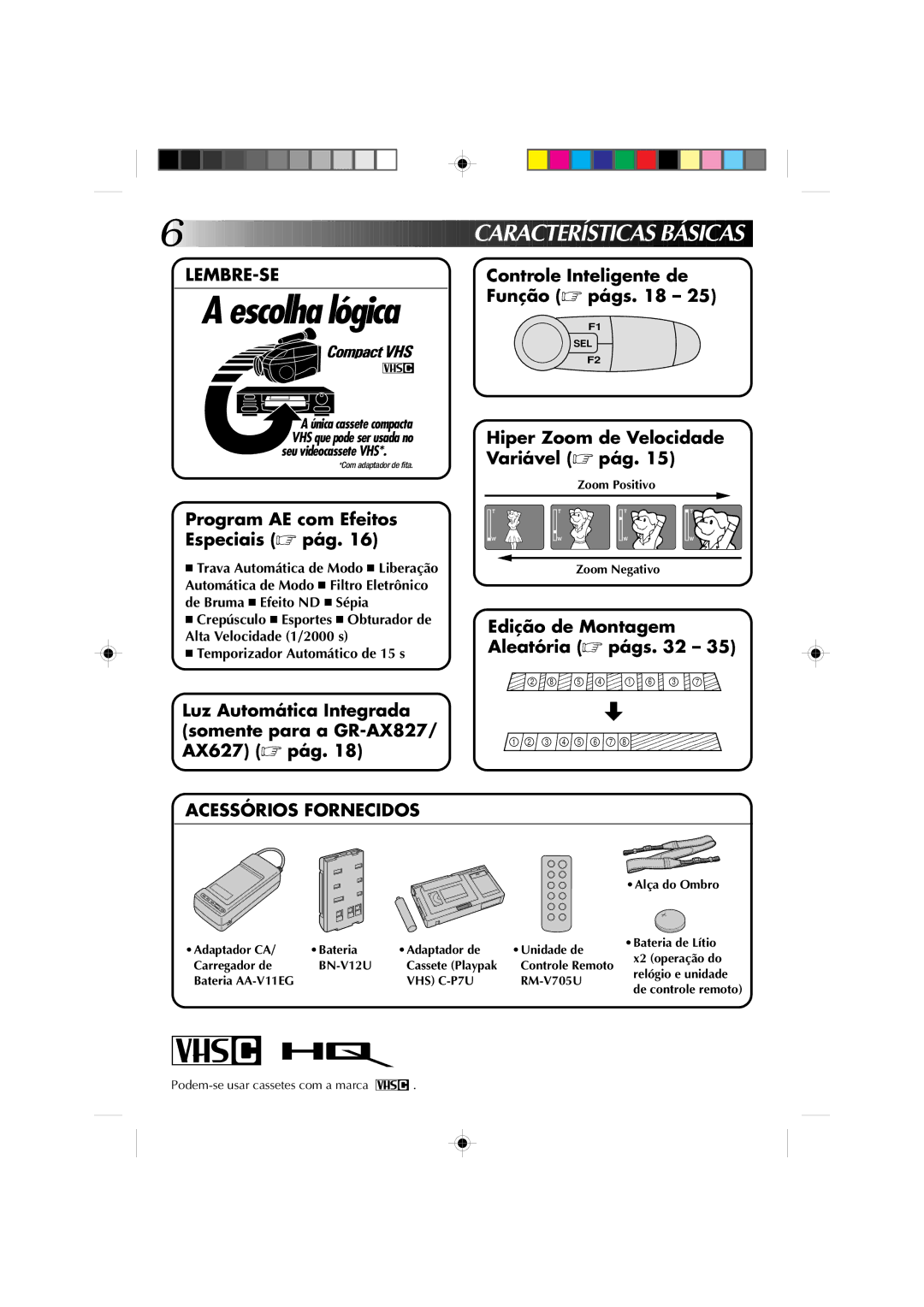 JVC GR-AX827, GR-AX527, GR-AX627, GR-AX727 manual Característic AS BÁ Sicas, Lembre-Se, Acessórios Fornecidos, VHS C-P7U 