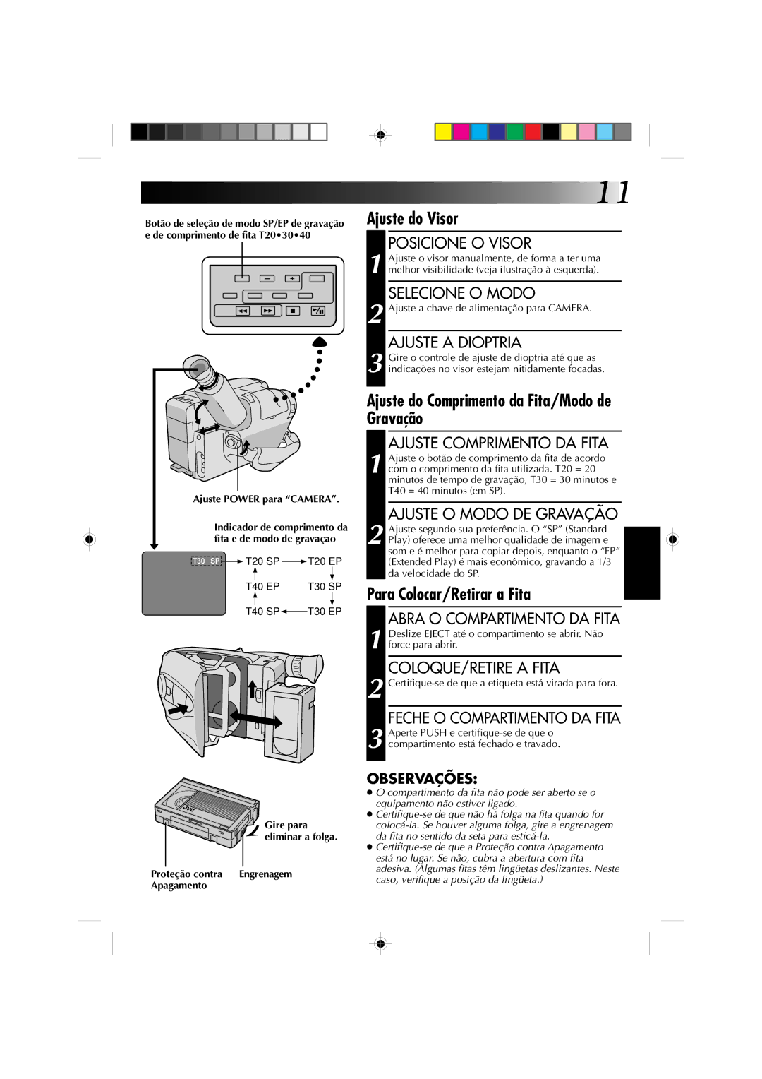 JVC GR-AX727, GR-AX527 manual Ajuste do Visor, Ajuste do Comprimento da Fita/Modo de Gravação, Para Colocar/Retirar a Fita 