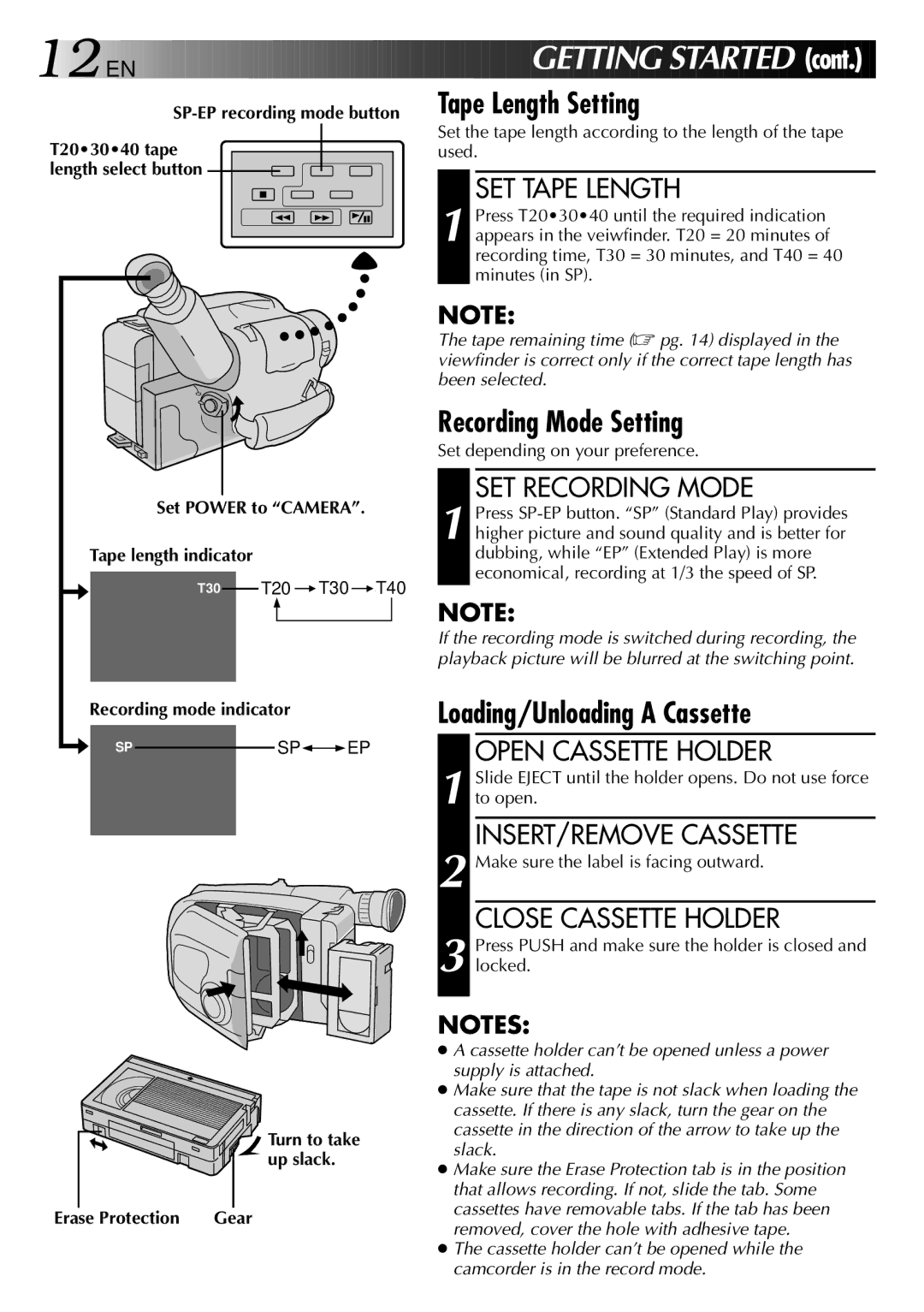 JVC GR-AX537, GR-AX837, GR-AX437, GR-AX237 manual Tape Length Setting, Recording Mode Setting, Loading/Unloading a Cassette 