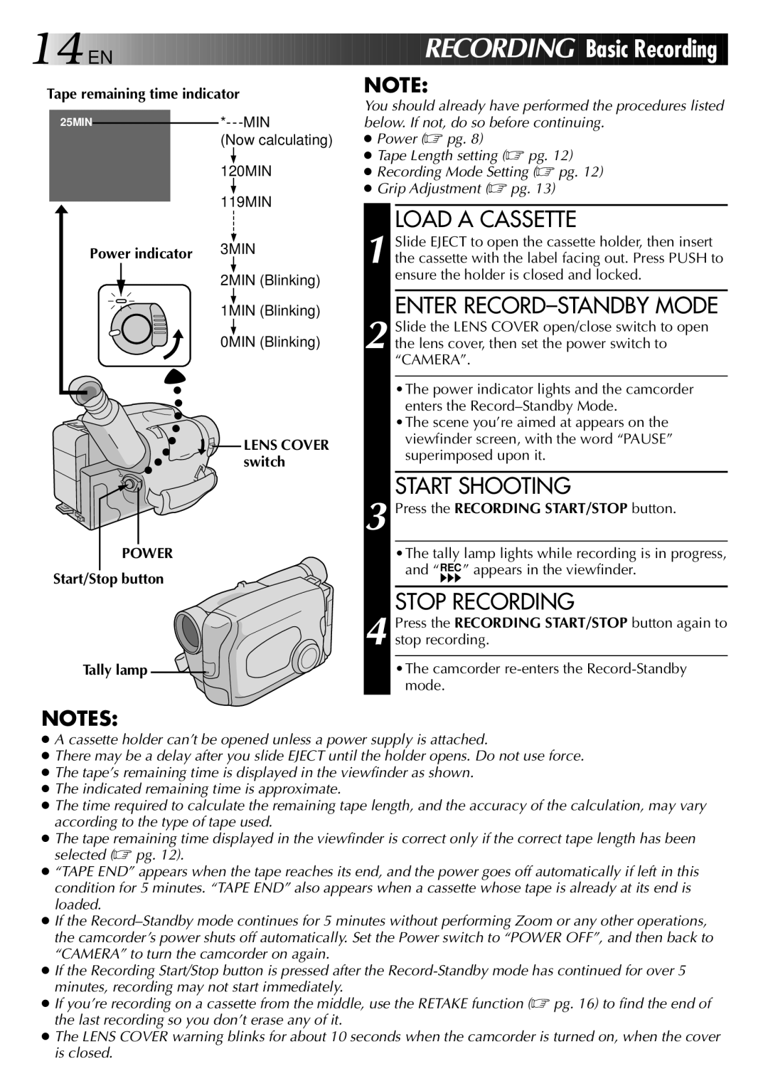 JVC GR-AX437, GR-AX537, GR-AX837, GR-AX237 Load a Cassette, Enter RECORD-STANDBY Mode, Start Shooting, Stop Recording, Power 