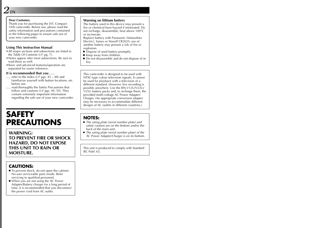 JVC GR-AX437, GR-AX537, GR-AX837, GR-AX237 manual Dear Customer, This unit is produced to comply with Standard IEC Publ 