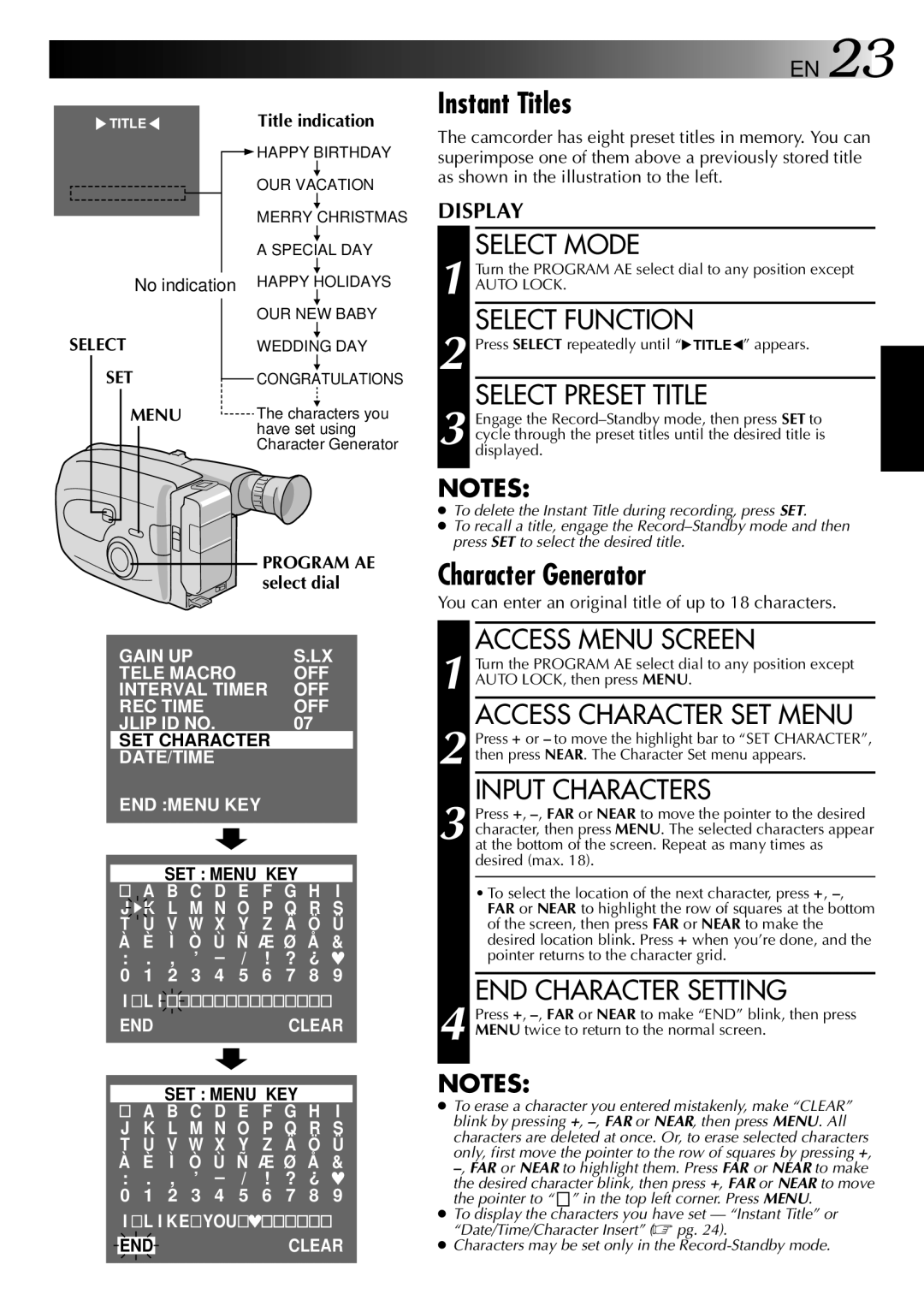 JVC GR-AX237, GR-AX537, GR-AX837, GR-AX437 manual Instant Titles, END Character Setting, Title indication, Select 