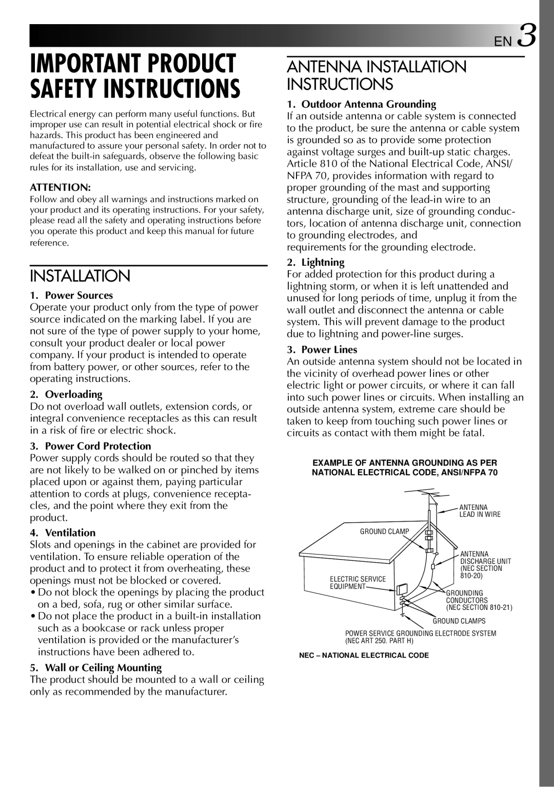 JVC GR-AX237, GR-AX537, GR-AX837, GR-AX437 manual Antenna Installation Instructions 