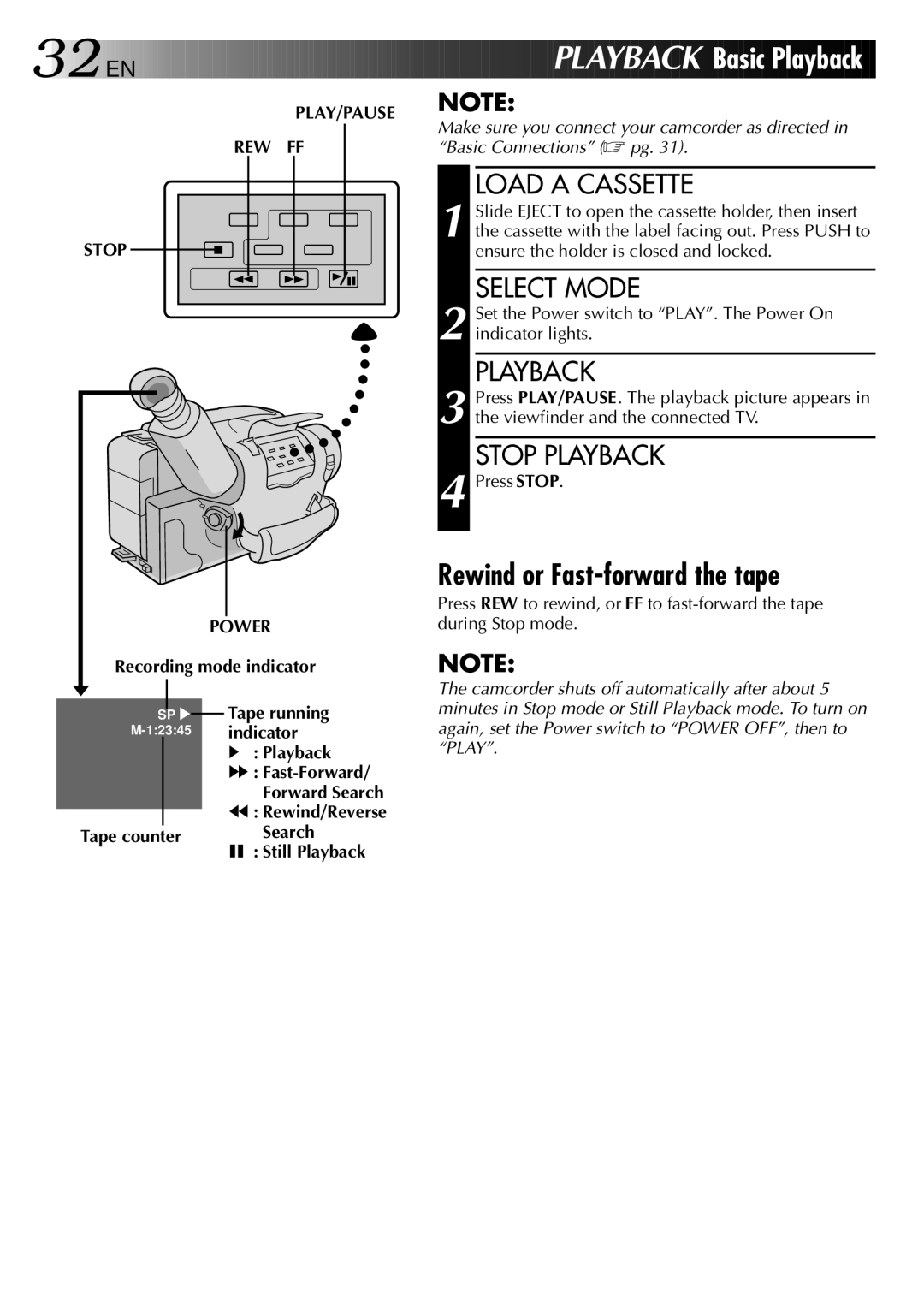 JVC GR-AX537, GR-AX837, GR-AX437, GR-AX237 Rewind or Fast-forward the tape, Stop Playback, PLAY/PAUSE REW FF Stop Power 