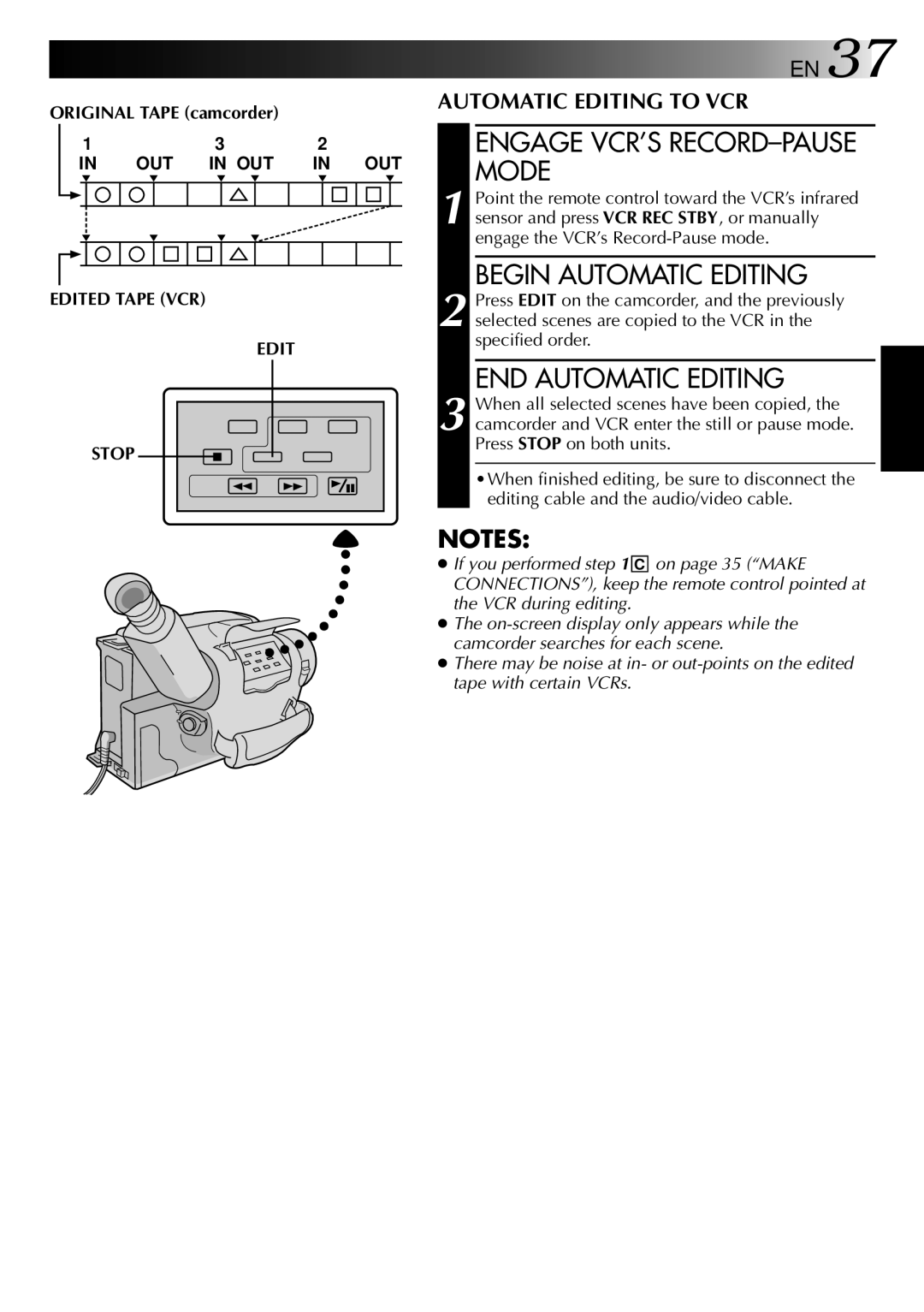 JVC GR-AX837, GR-AX537, GR-AX437, GR-AX237 manual Begin Automatic Editing, END Automatic Editing, Edited Tape VCR Stop 