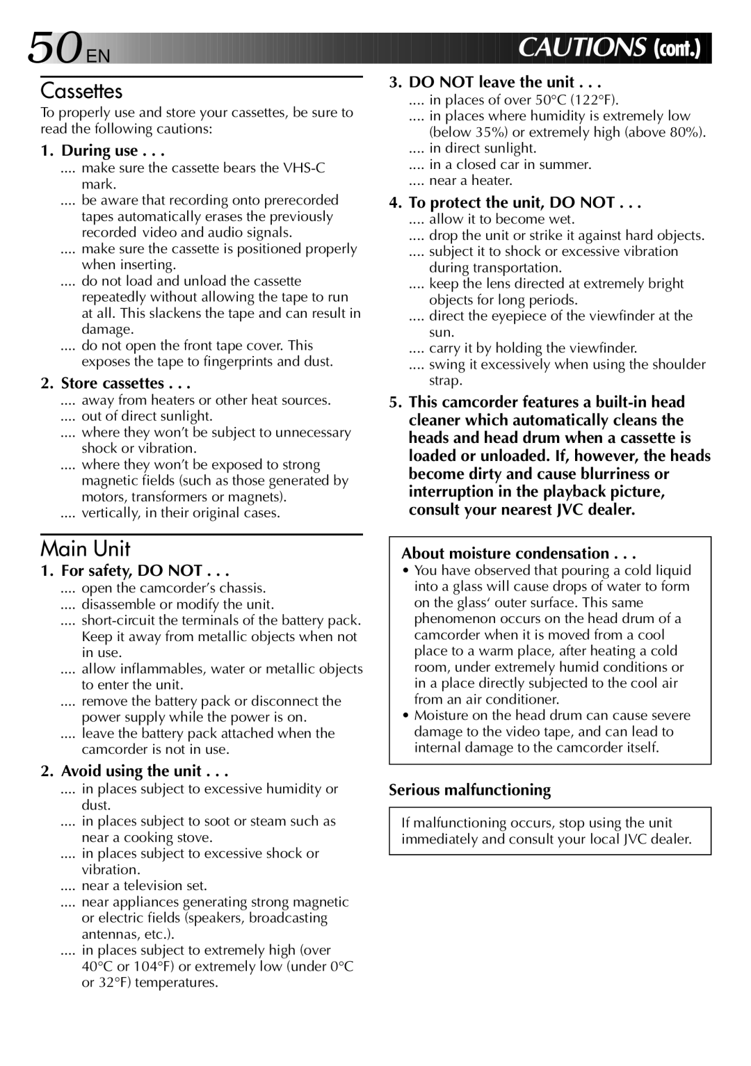 JVC GR-AX437, GR-AX537, GR-AX837, GR-AX237 manual Make sure the cassette bears the VHS-C mark, Places of over 50C 122F 