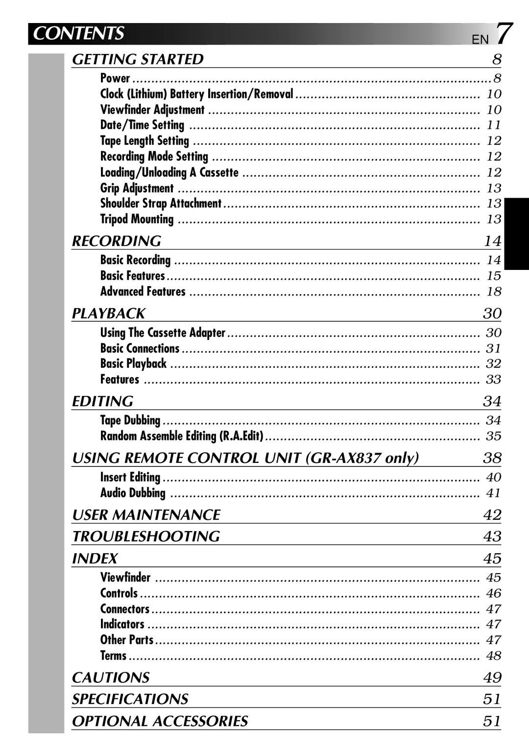 JVC GR-AX237, GR-AX537, GR-AX837, GR-AX437 manual Contents 