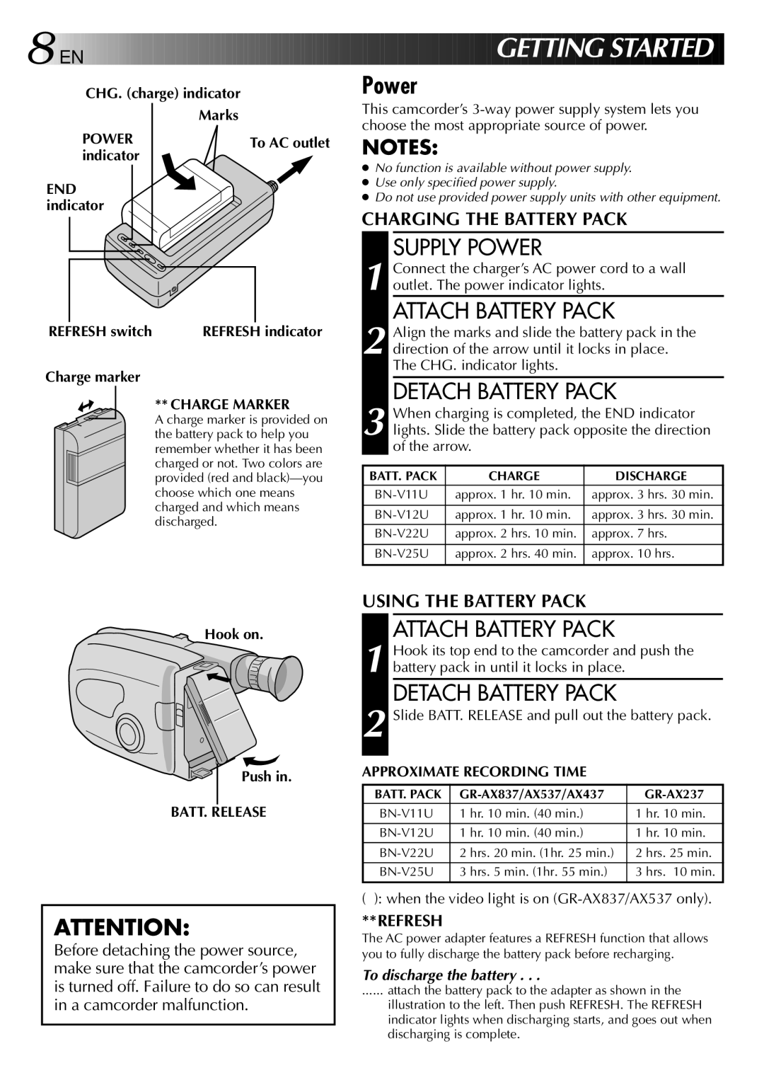 JVC GR-AX537, GR-AX837, GR-AX437, GR-AX237 manual Supply Power, Attach Battery Pack, Detach Battery Pack 