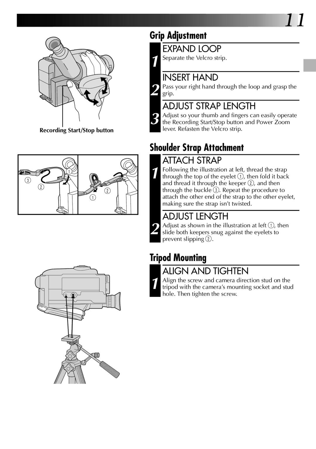 JVC GR-AX270, GR-AX570 specifications Grip Adjustment, Shoulder Strap Attachment, Tripod Mounting 