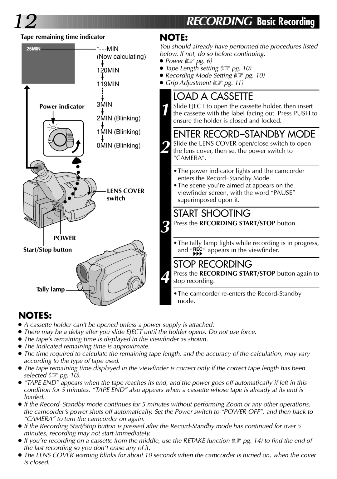 JVC GR-AX570, GR-AX270 specifications Load a Cassette, Enter RECORD-STANDBY Mode, Start Shooting, Stop Recording 