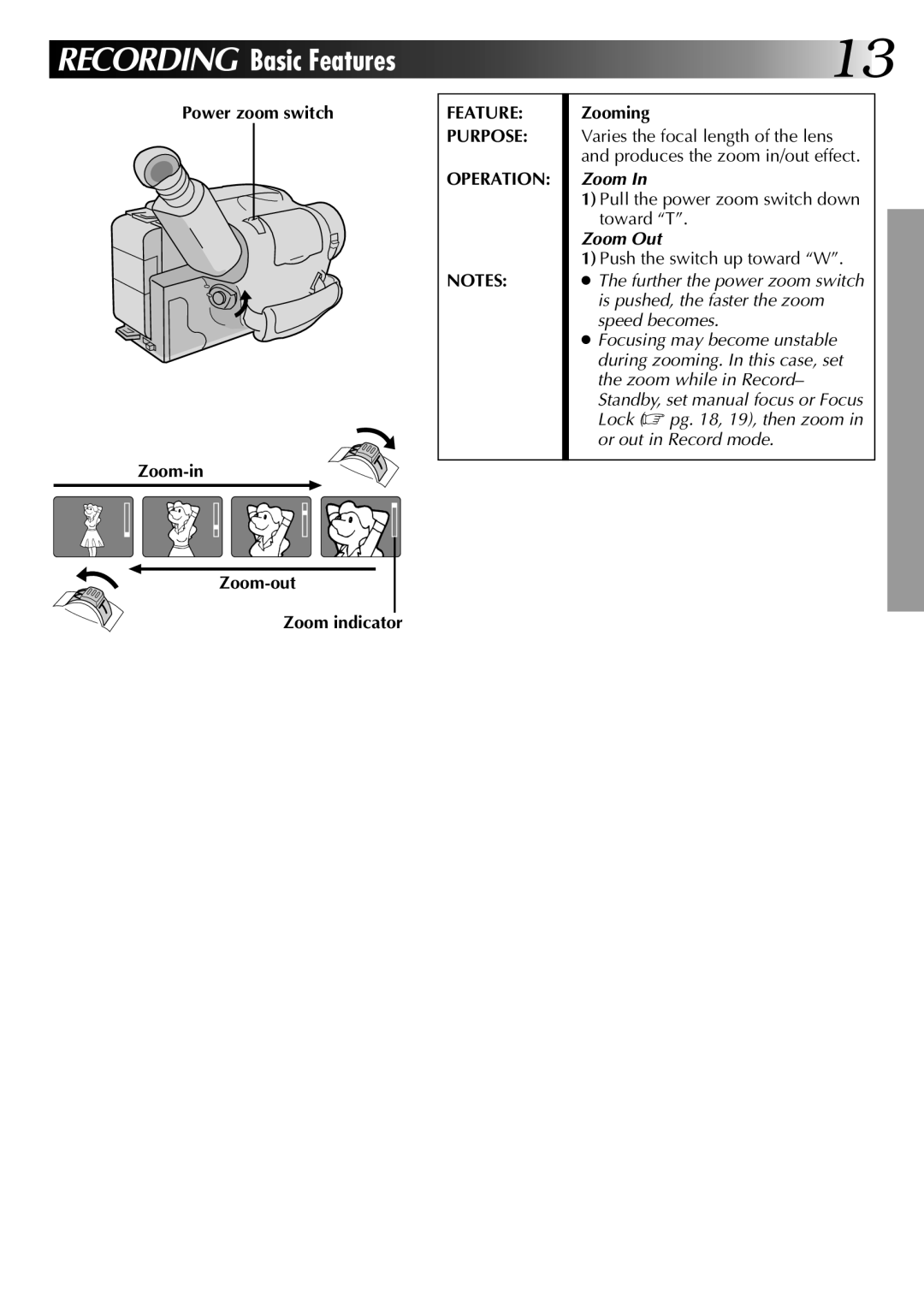 JVC GR-AX270, GR-AX570 specifications Power zoom switch Zoom-in Zoom-out Zoom indicator, Feature Purpose Operation, Zooming 