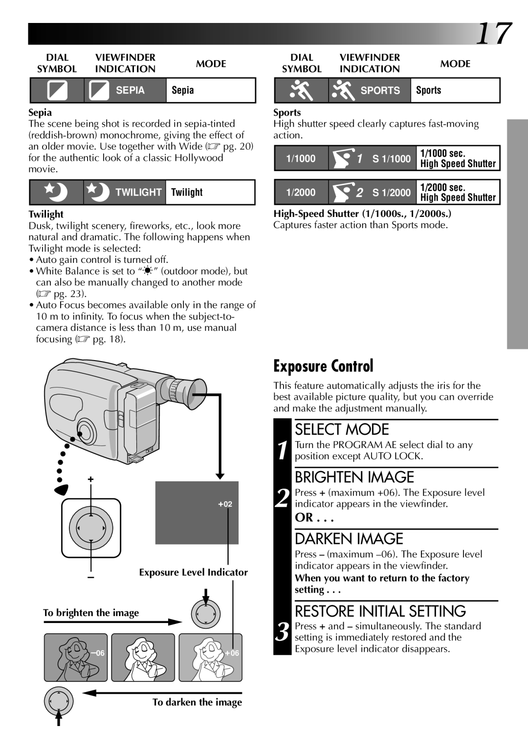 JVC GR-AX270, GR-AX570 specifications Exposure Control, Brighten Image, Darken Image, Restore Initial Setting 