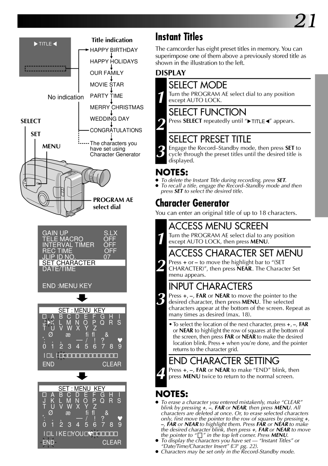 JVC GR-AX270, GR-AX570 specifications Instant Titles, Character Generator 