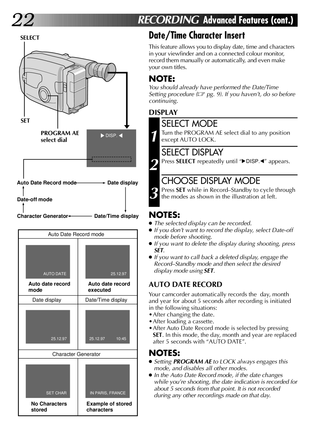JVC GR-AX570, GR-AX270 specifications Date/Time Character Insert, Select Display, Choose Display Mode, SET Program AE 