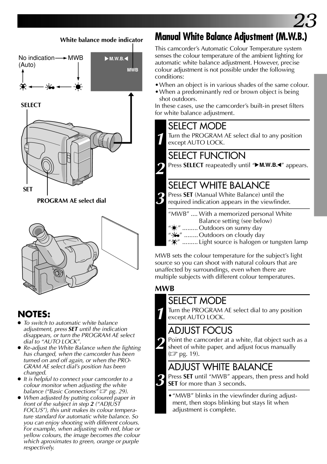 JVC GR-AX270, GR-AX570 Select White Balance, Adjust Focus, Adjust White Balance, White balance mode indicator, Select SET 