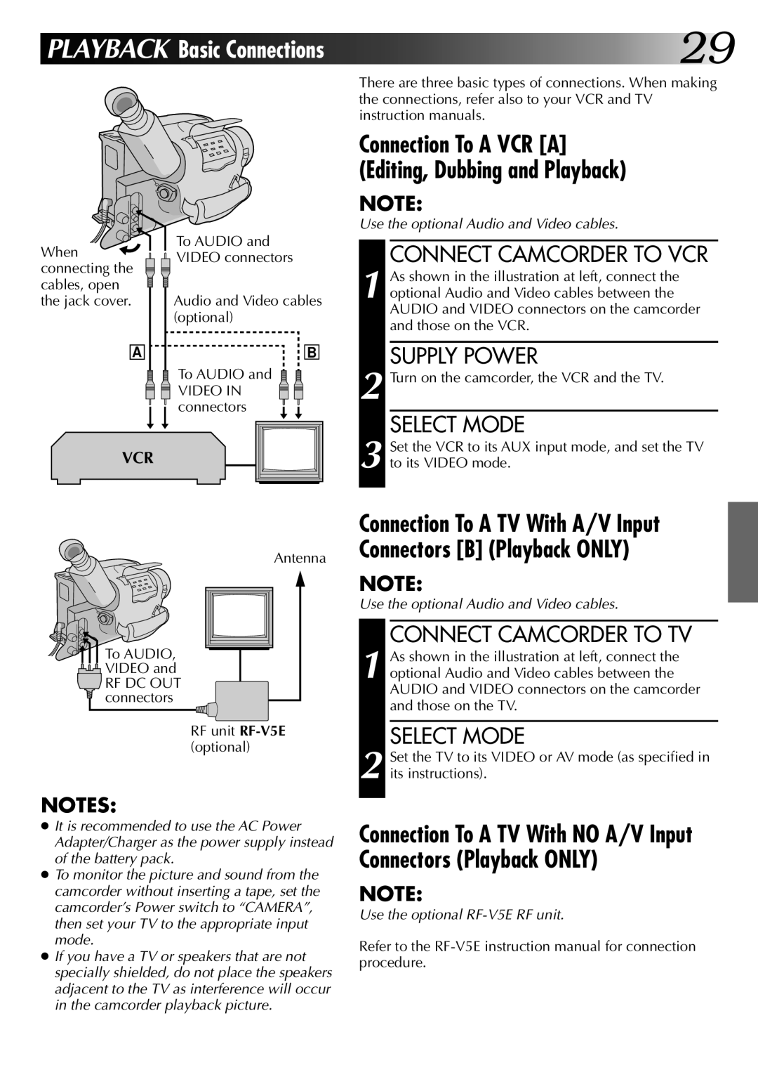 JVC GR-AX270, GR-AX570 Connect Camcorder to VCR, Connect Camcorder to TV, Turn on the camcorder, the VCR and the TV 