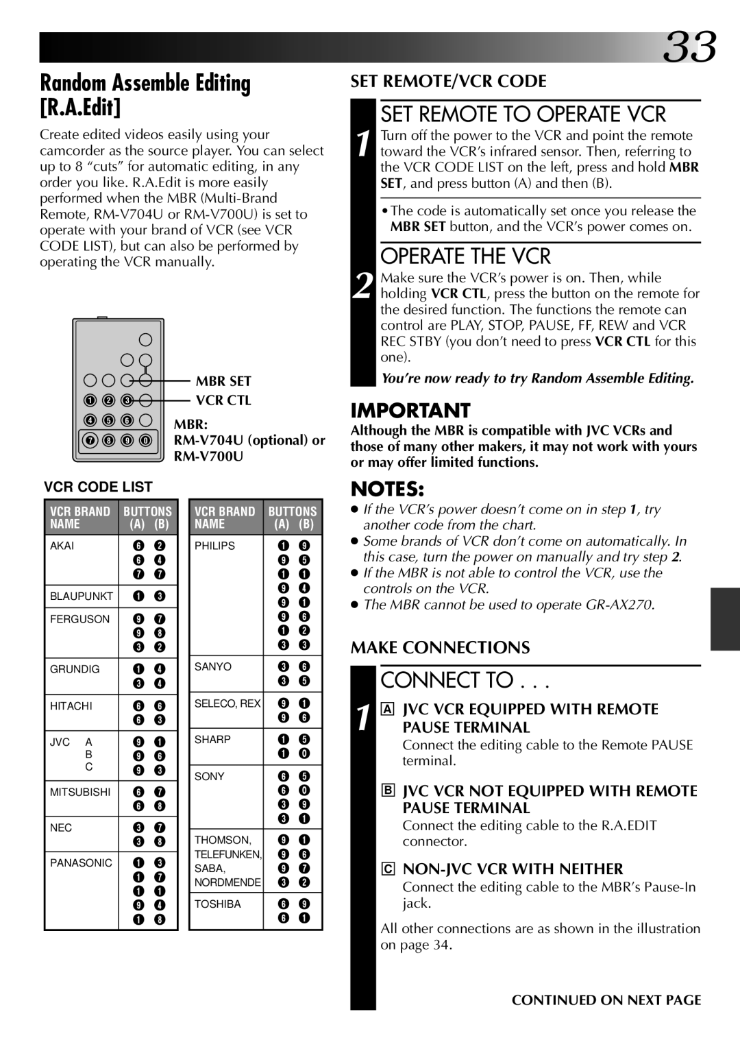JVC GR-AX270, GR-AX570 Random Assemble Editing R.A.Edit, SET Remote to Operate VCR, Operate the VCR, Connect to, On Next 