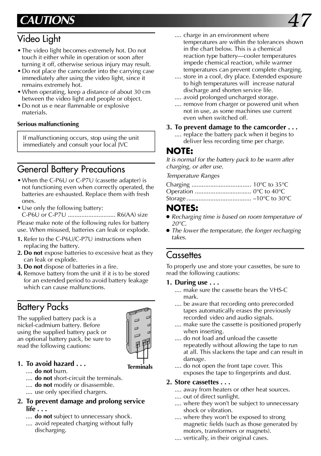 JVC GR-AX270, GR-AX570 specifications Serious malfunctioning 