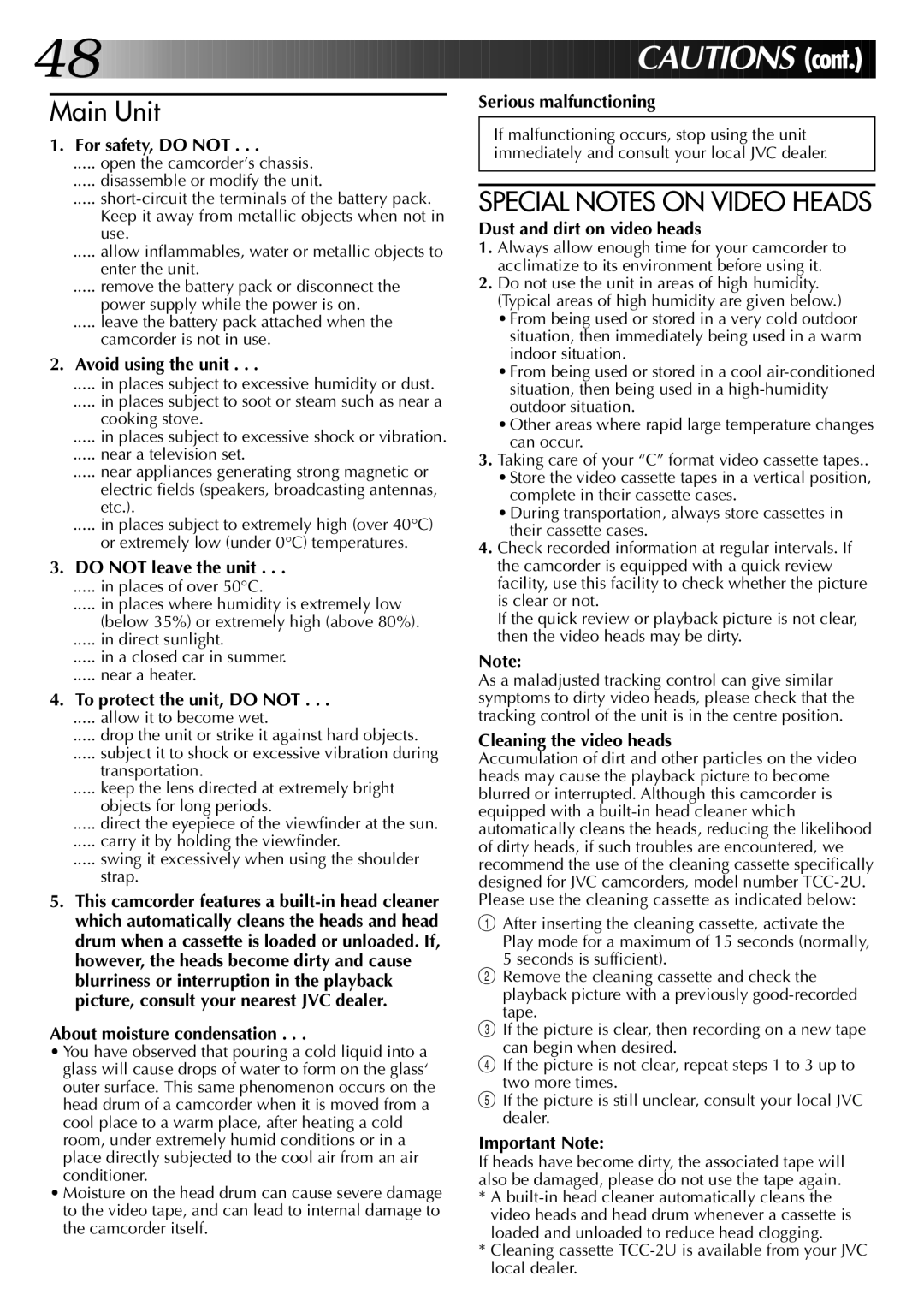 JVC GR-AX570, GR-AX270 specifications Special Notes on Video Heads 