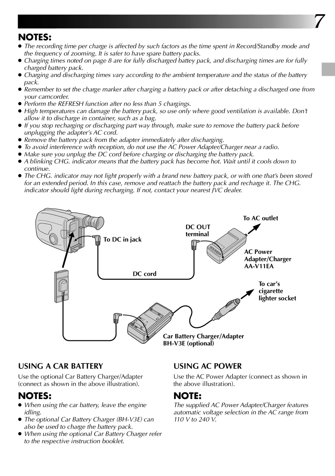 JVC GR-AX270, GR-AX570 specifications AA-V11EA, Car Battery Charger/Adapter BH-V3E optional 