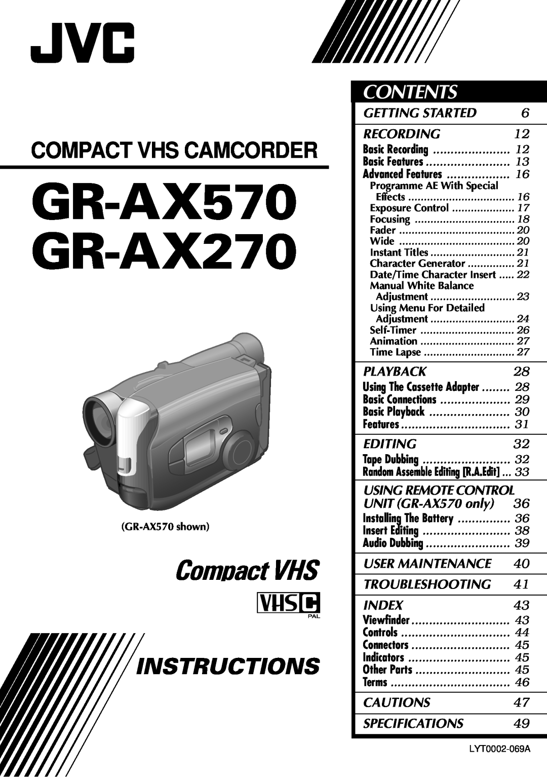JVC specifications Contents, GR-AX570 GR-AX270, Compact VHS, Compact Vhs Camcorder, Instructions 