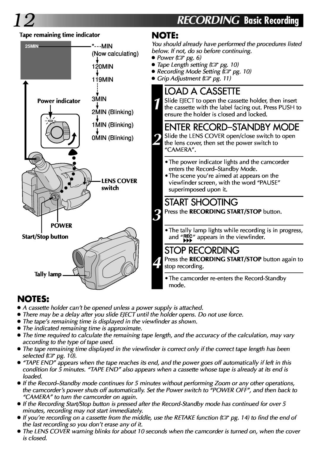 JVC GR-AX570 12RECORDING Basic Recording, Load A Cassette, Enter Record-Standby Mode, Start Shooting, Stop Recording 