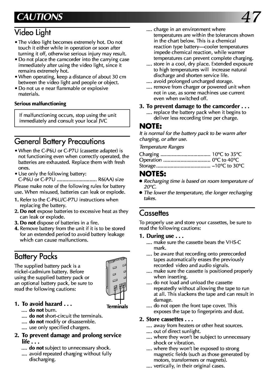 JVC GR-AX270 CAUTIONS47, Video Light, General Battery Precautions, Battery Packs, Cassettes, To avoid hazard, During use 