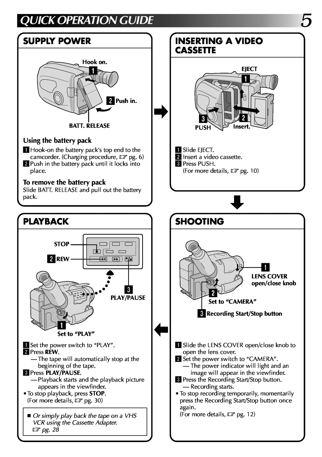 JVC GR-AX270 Quick Operation Guide, Supply Power, Inserting A Video Cassette, Playback, Shooting, Using the battery pack 