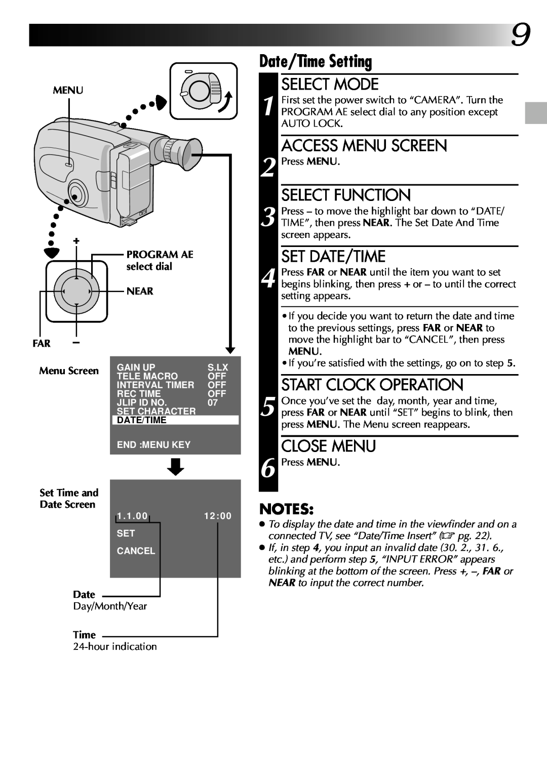 JVC GR-AX270 Start Clock Operation, Close Menu, FAR Menu Screen, PROGRAM AE select dial NEAR, Set Time and Date Screen 