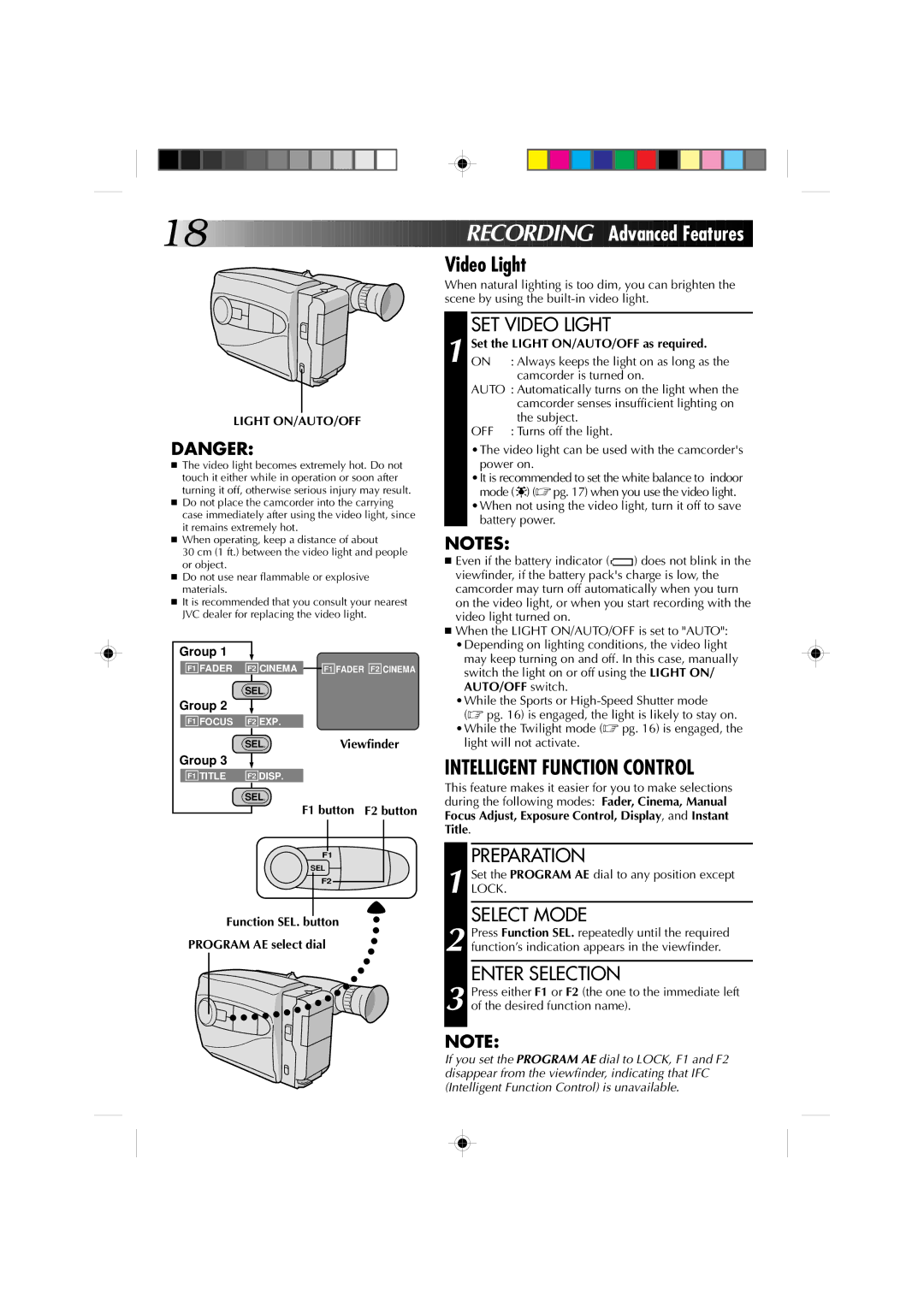 JVC GR-AX610U, GR-AX650U manual SET Video Light, Preparation, Enter Selection, Light ON/AUTO/OFF 