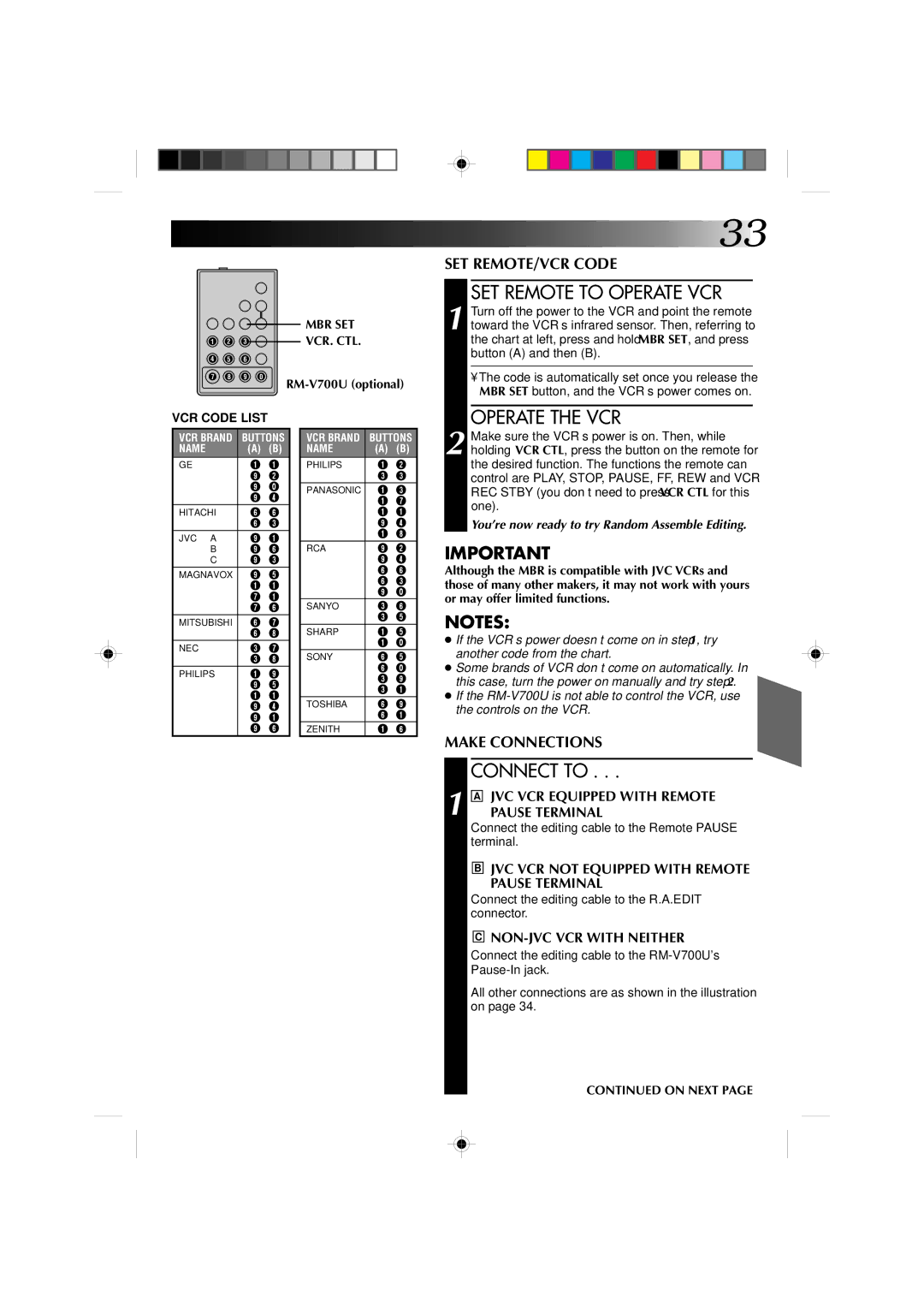 JVC GR-AX650U, GR-AX610U manual SET Remote to Operate VCR, Operate the VCR, Connect to, VCR Code List, On Next 