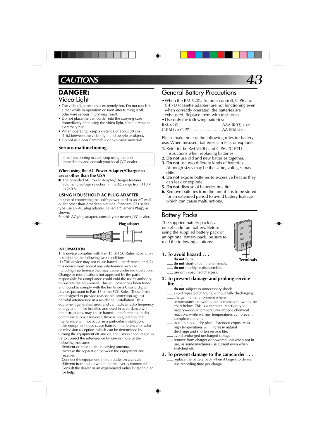 JVC GR-AX650U, GR-AX610U manual Video Light, Using Household AC Plug Adapter 