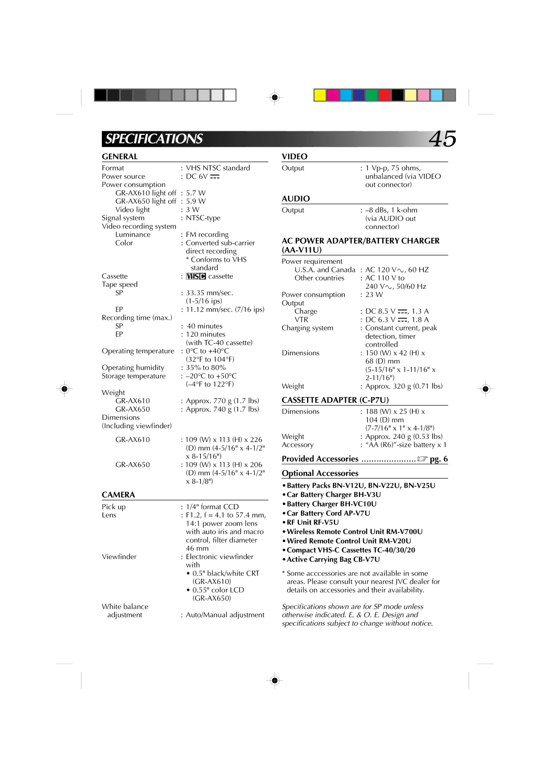 JVC GR-AX650U, GR-AX610U manual Specifications 