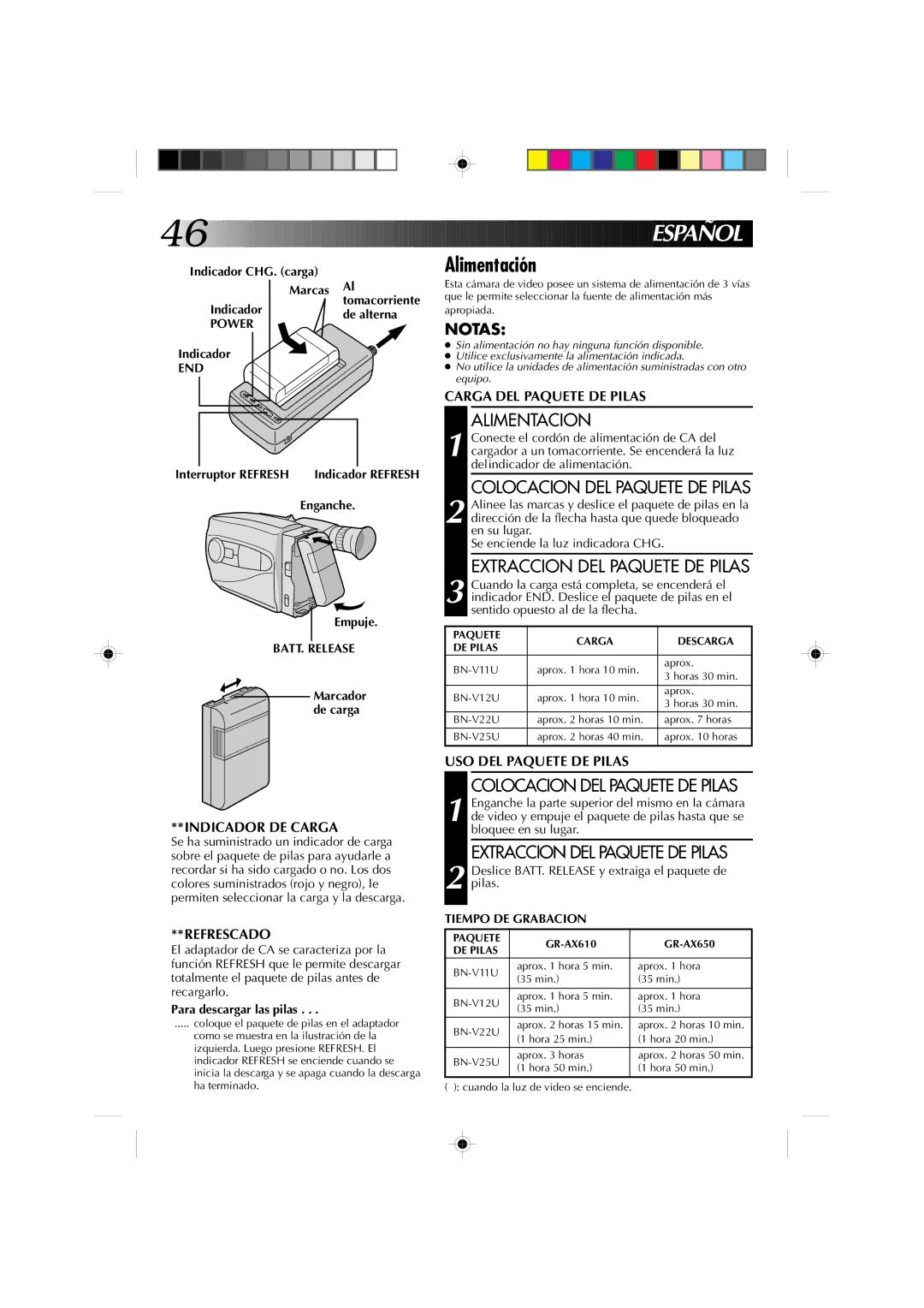 JVC GR-AX610U, GR-AX650U manual Alimentación, End, Tiempo DE Grabacion 