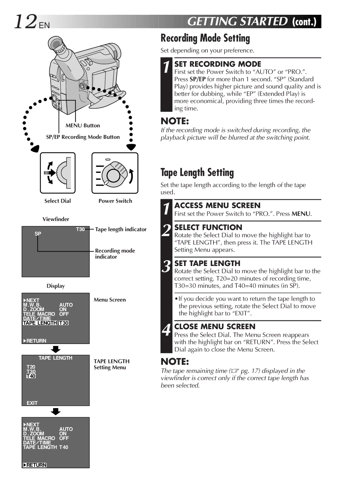 JVC GR-AX640 manual Recording Mode Setting, Cont, Tape Length Setting, SET Recording Mode, SET Tape Length 