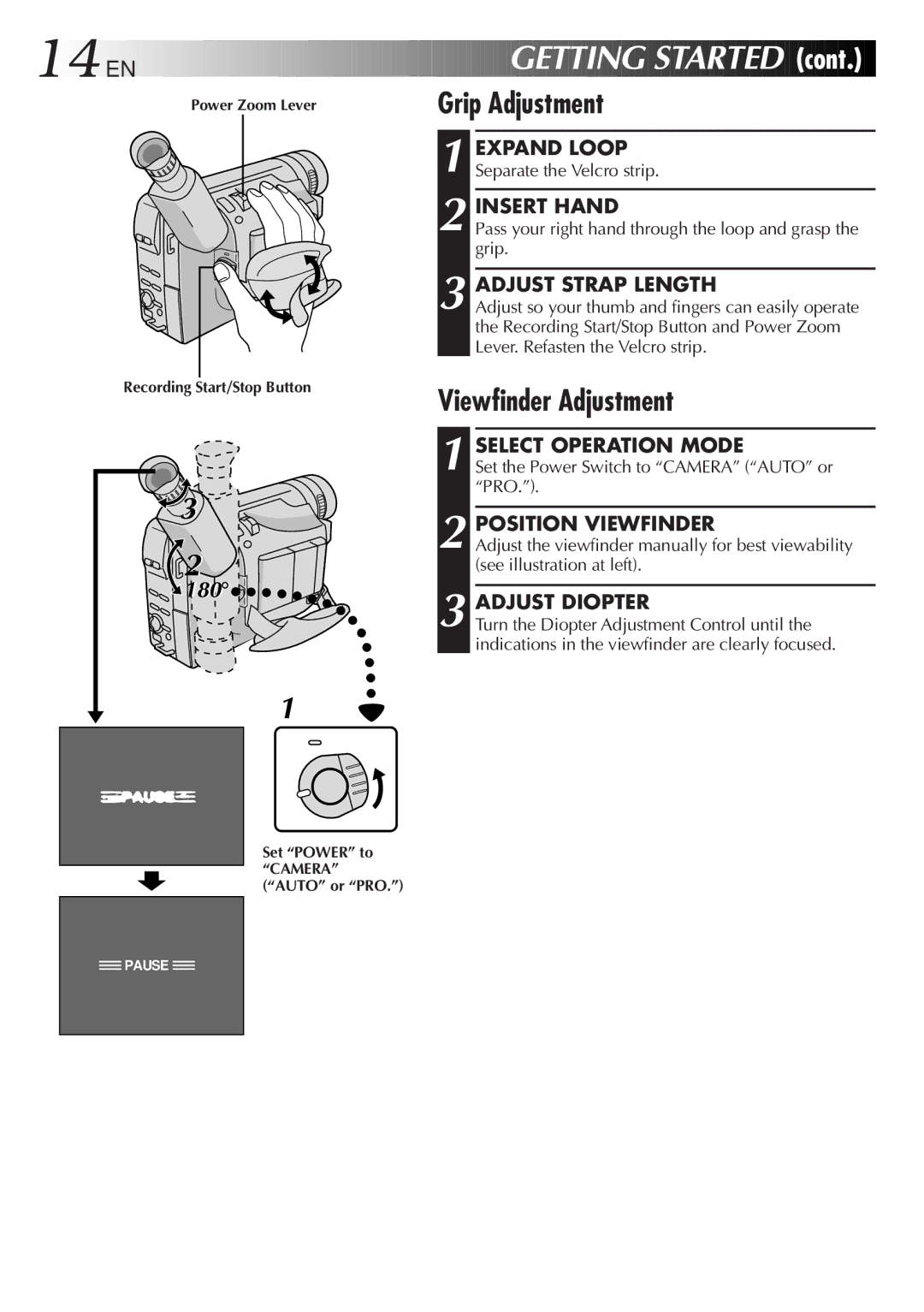 JVC GR-AX640 manual Grip Adjustment, Viewfinder Adjustment 