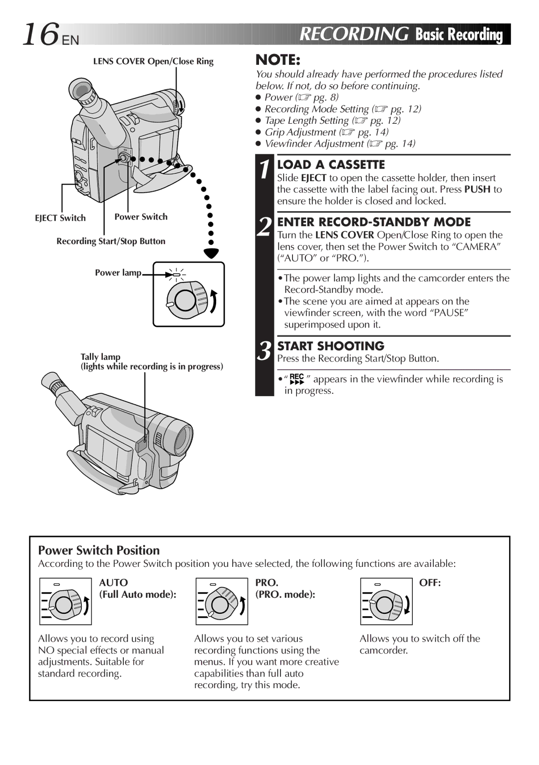 JVC GR-AX640 manual Basic Recording, Load a Cassette, Start Shooting, Full Auto mode, PRO. mode 