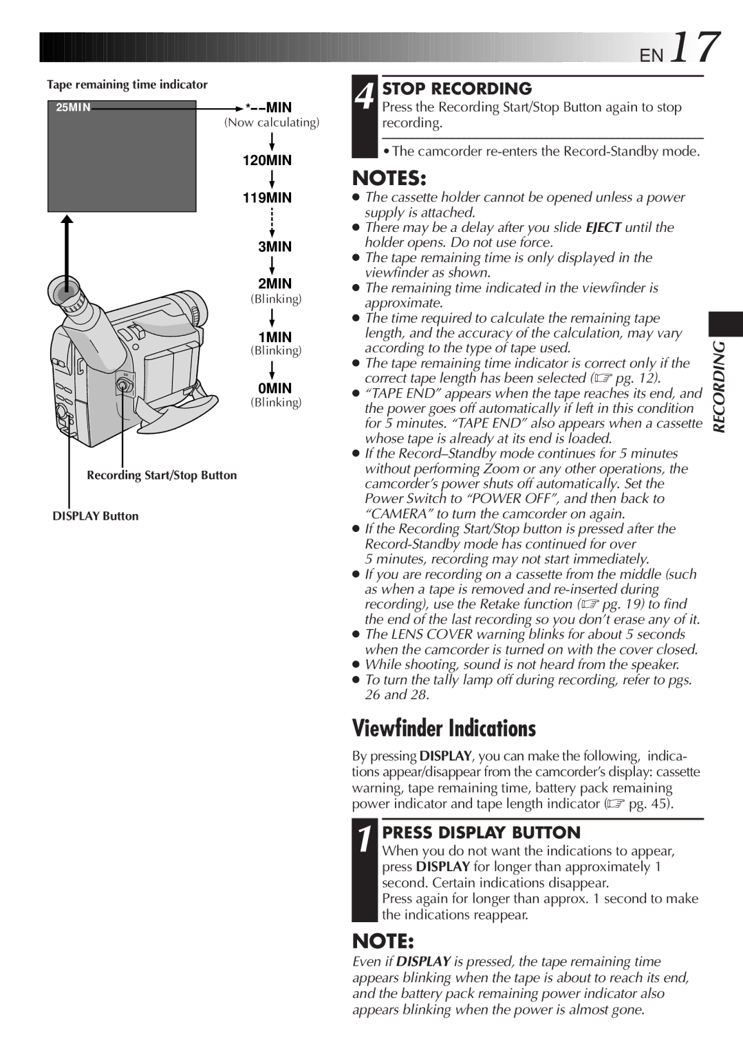 JVC GR-AX640 manual Viewfinder Indications, Stop Recording, Press Display Button 